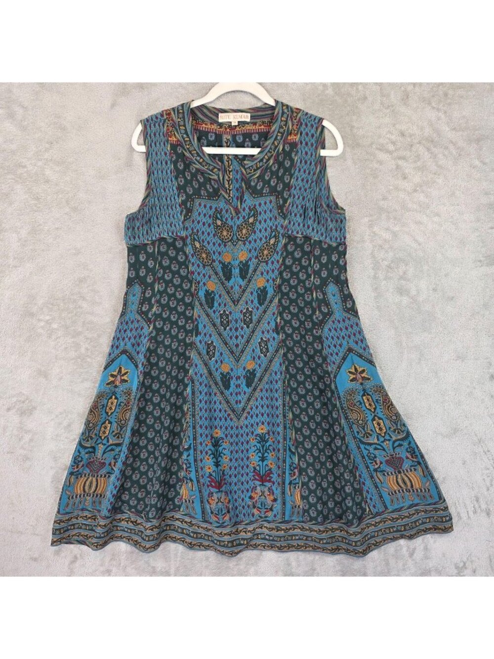 Ritu Kumar Dress Womens 36 Blue Paisley V Neck Sleeveless A-Line Short Boho